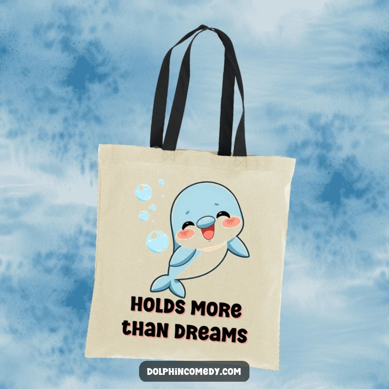 Funny happy dolphin tote bag, blowing perfect bubble rings, durable canvas, ideal humorous gift for daily use.