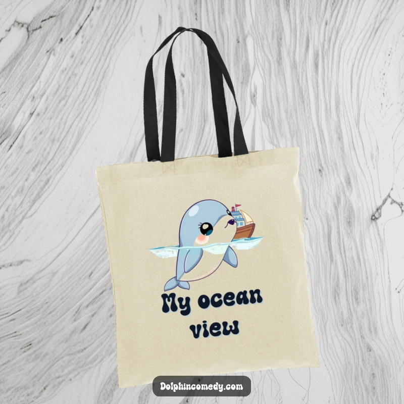 Funny tote bag featuring a surprised dolphin with comically wide eyes, observing a ship, great for carrying laughs and goods.