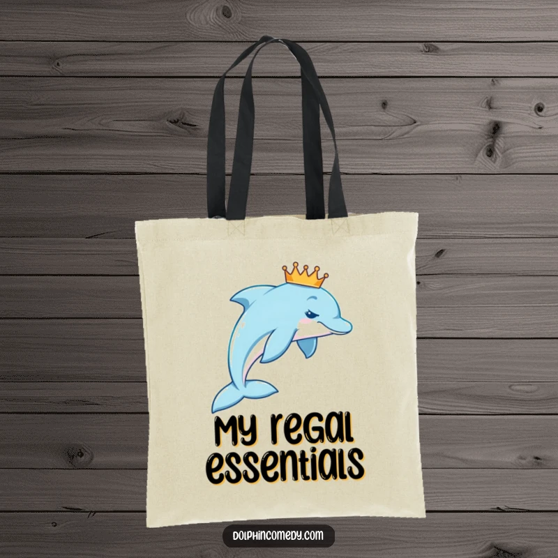 Funny royal dolphin tote bag featuring a dolphin with a tiny crown, swimming gracefully in a beautiful arc.