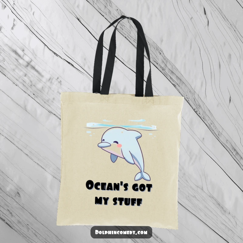 Funny dolphin tote bag showcasing a dolphin sighing contentedly while gliding peacefully underwater, perfect for stylish, humorous carrying.