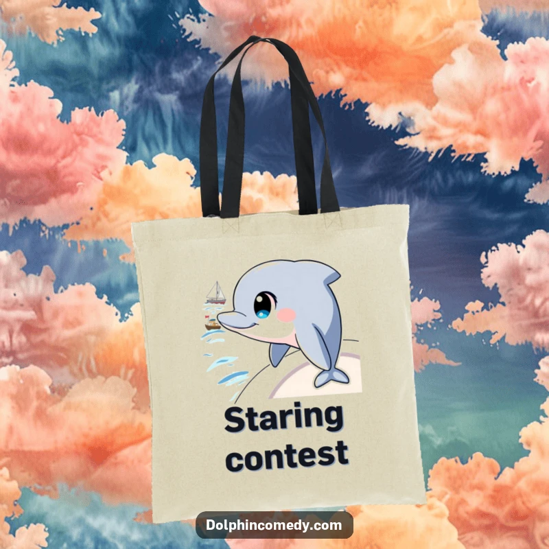 Funny tote bag featuring a dolphin with big, intelligent eyes, watching a boat pass by, symbolizing curiosity and observation.